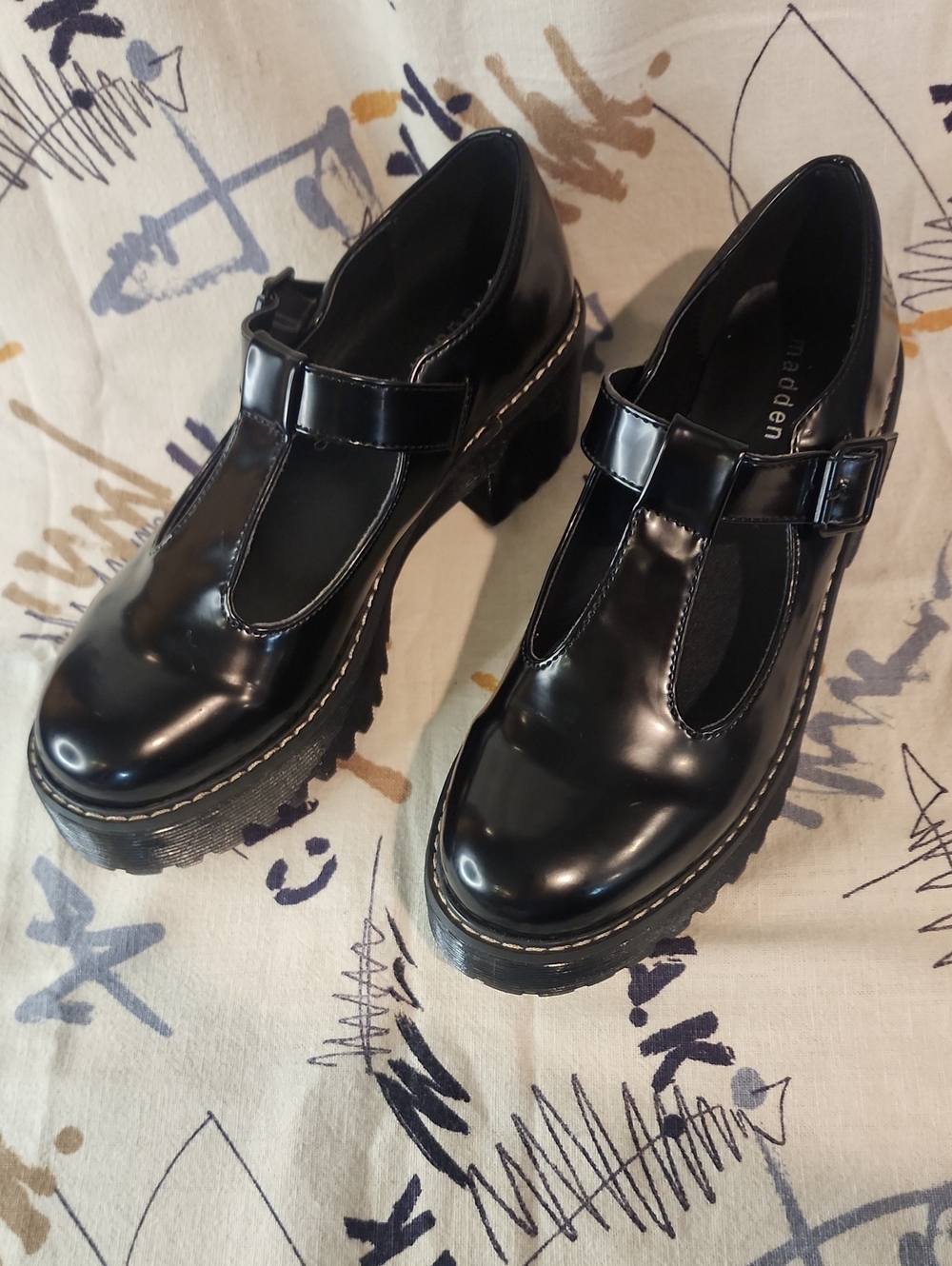 Madden Girl Black Patent T-Strap Platform Heels